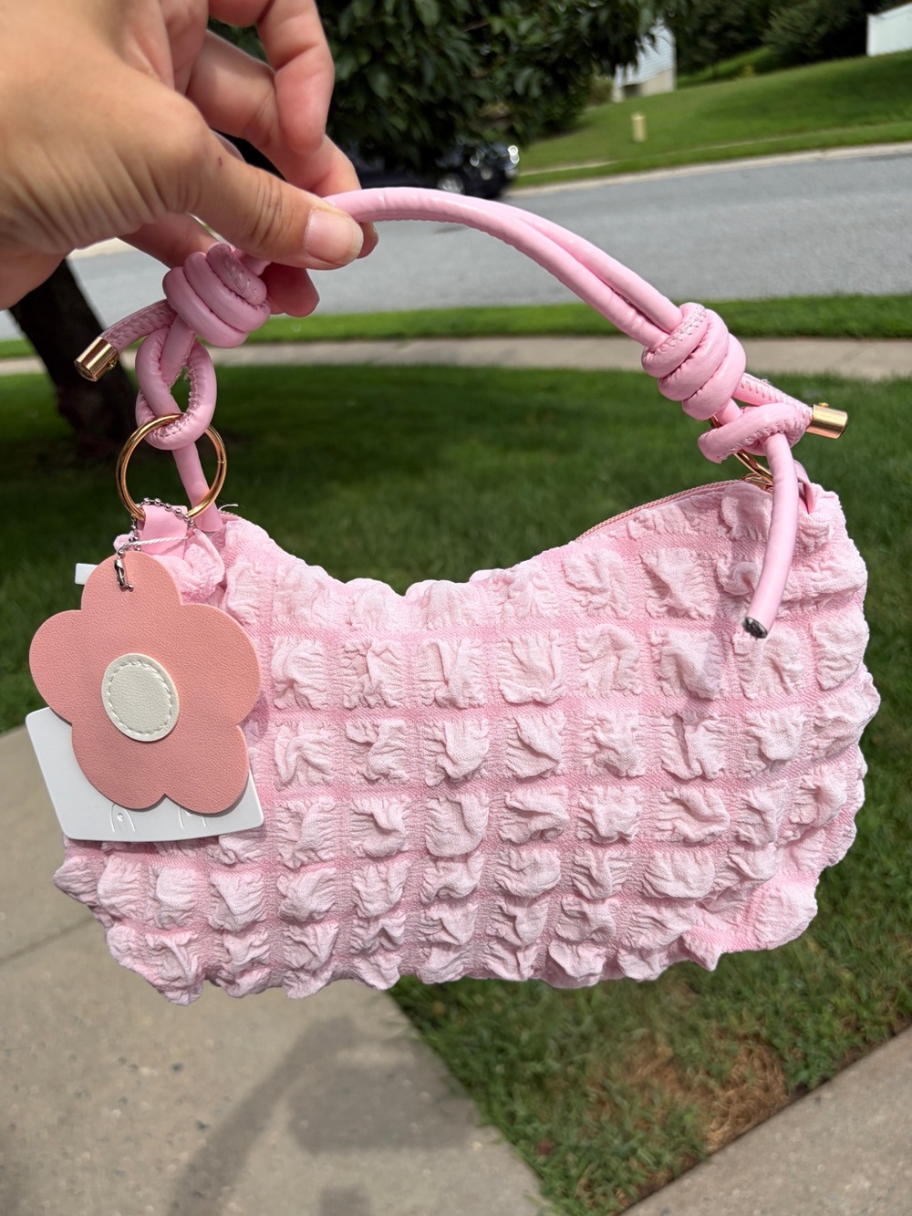 MKS America Pink Textured Mini Hobo Bag Flower Charm Knotted Handle NWT